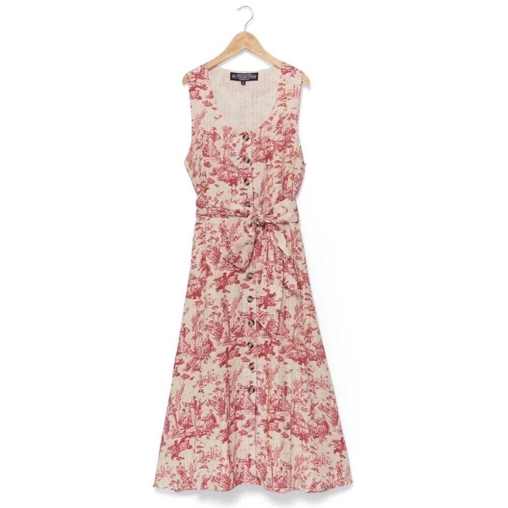 J Peterman Cotton French Toile Red and Cream Sundress Full Skirt 8 Midi Tie Belt